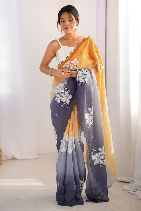 Pia  Mustard Yellow & Grey Chiffon Floral Sequin Embellished Ready to Wear Saree