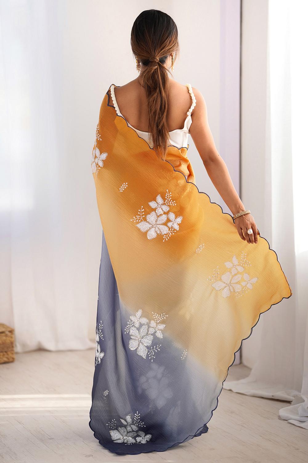 Pia  Mustard Yellow & Grey Chiffon Floral Sequin Embellished Ready to Wear Saree