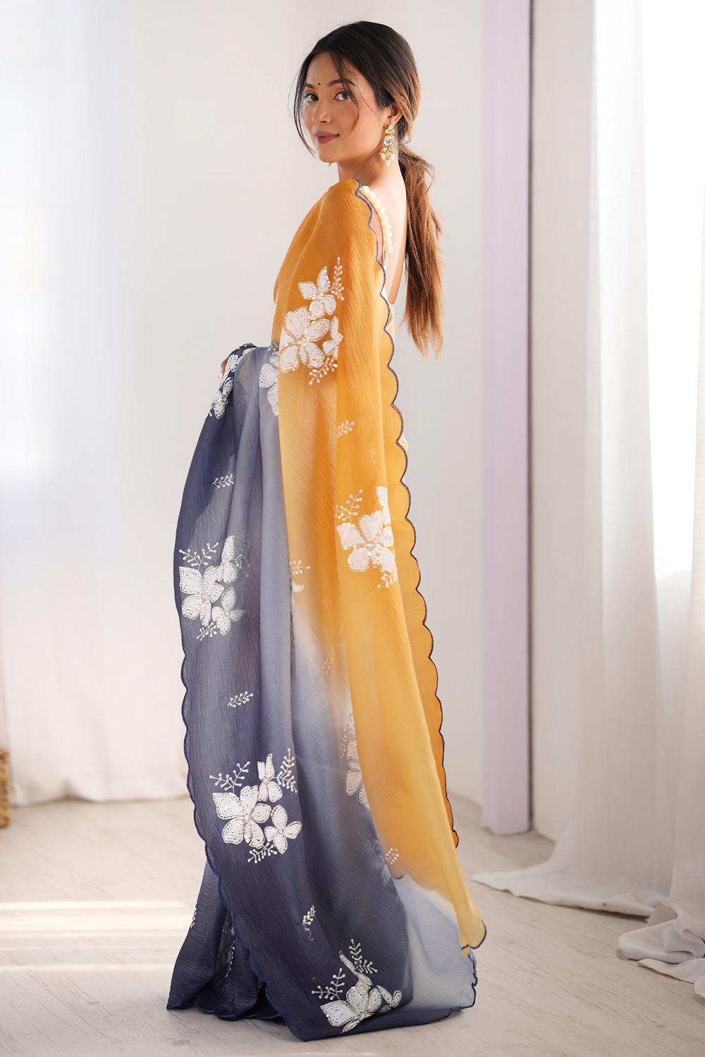 Pia  Mustard Yellow & Grey Chiffon Floral Sequin Embellished Ready to Wear Saree