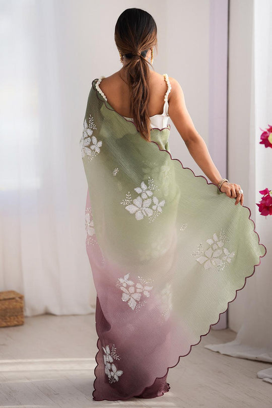 Pia Pista Green and Wine Chiffon Floral Sequin Embellished Ready to Wear Saree