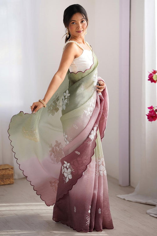 Pia Pista Green and Wine Chiffon Floral Sequin Embellished Ready to Wear Saree