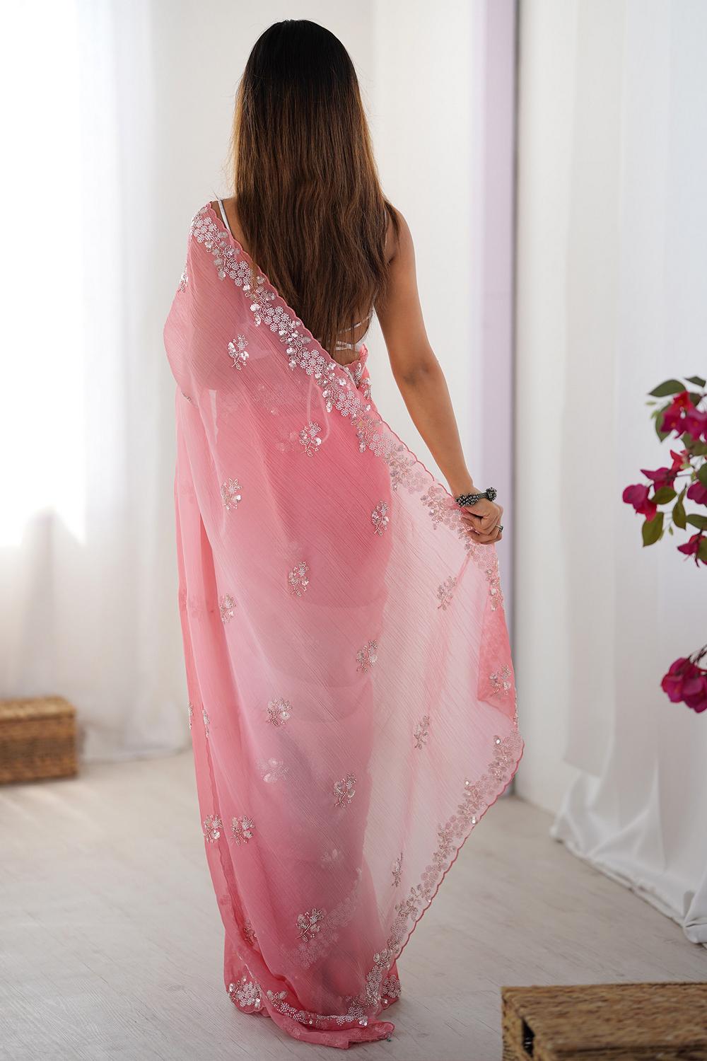 Talia Pink Chiffon Sequin Embellished Border Ready to Wear Saree