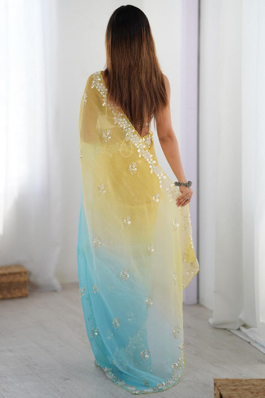 Talia Yellow & Blue Two Tone Chiffon Embellished Border Ready to Wear Saree