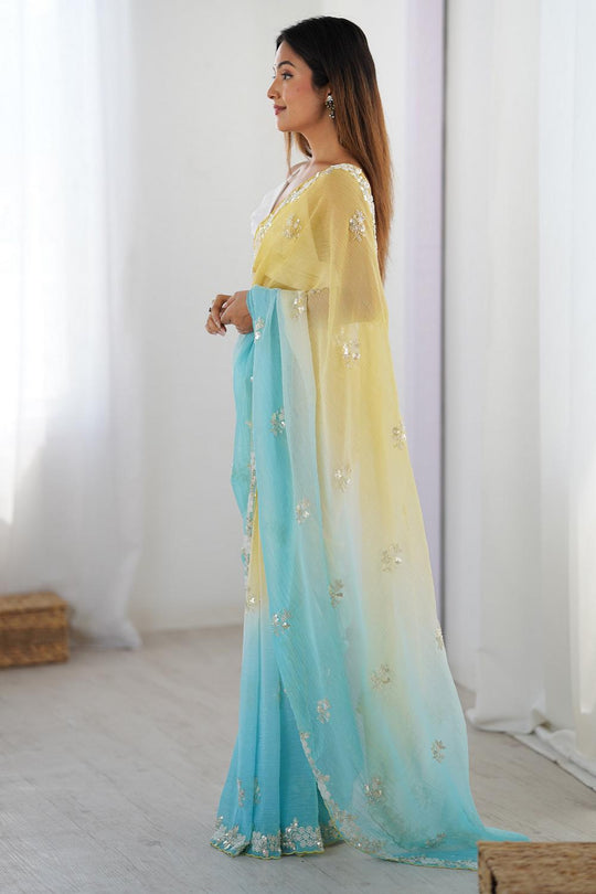 Talia Yellow & Blue Two Tone Chiffon Embellished Border Ready to Wear Saree