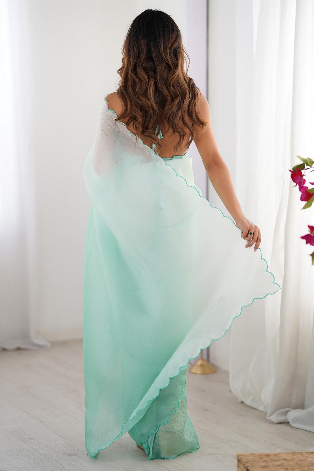 Hadil Sea Green Chiffon Embellished Ready to Wear Saree