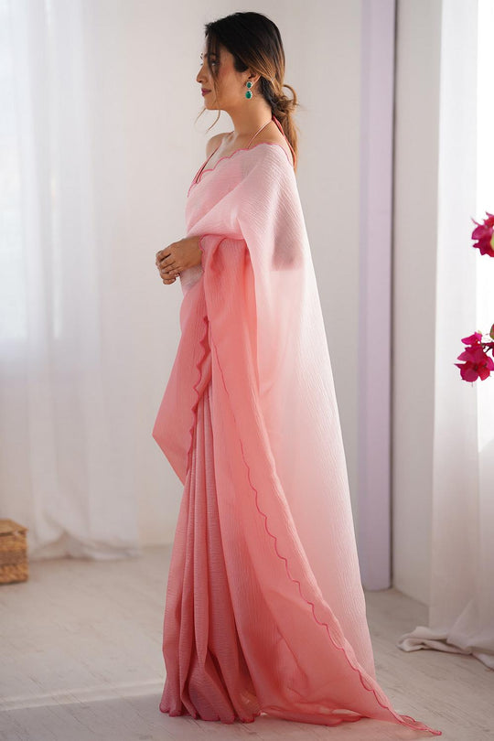 Hadil Pink Chiffon Embellished Ready to Wear Saree