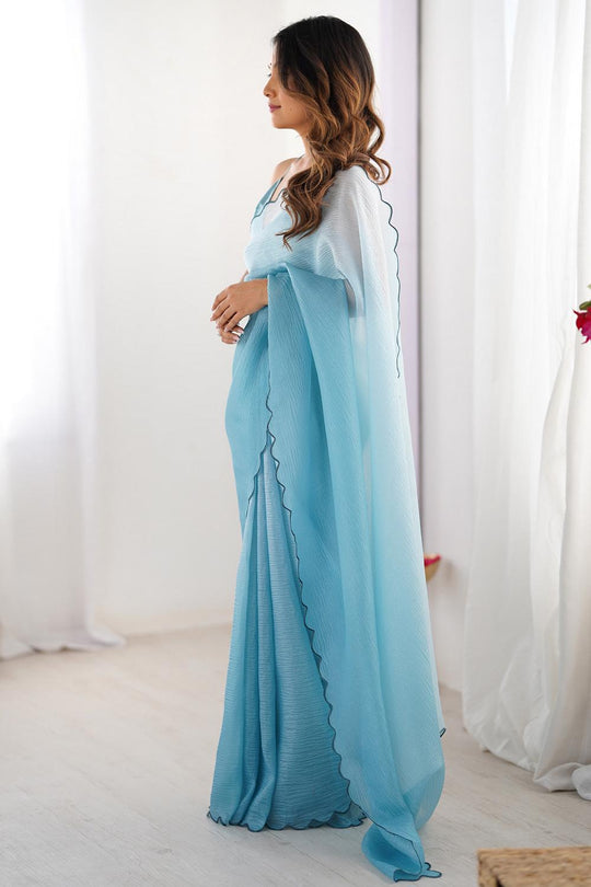 Hadil Light Blue Chiffon Embellished Ready to Wear Saree