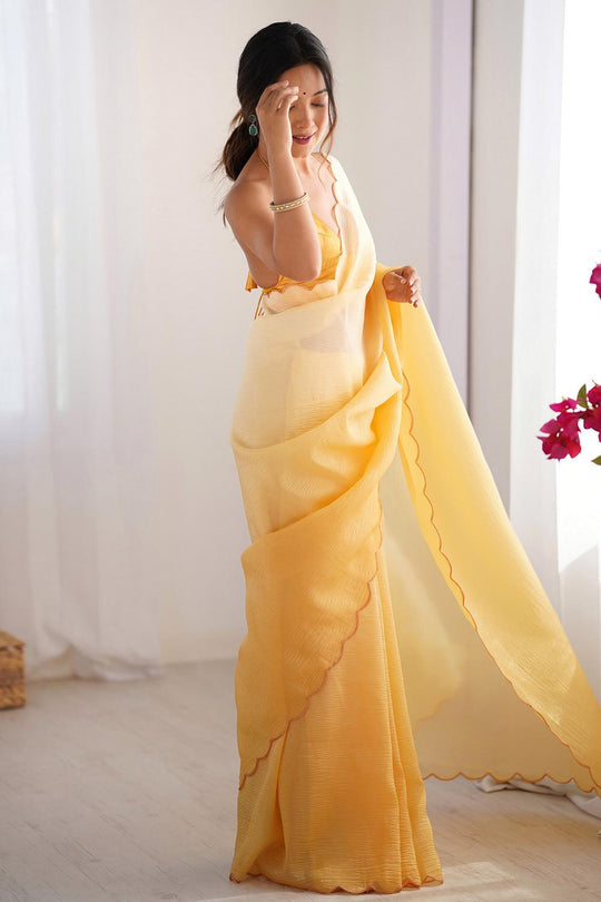 Hadil Yellow Chiffon Embellished Ready to Wear Saree