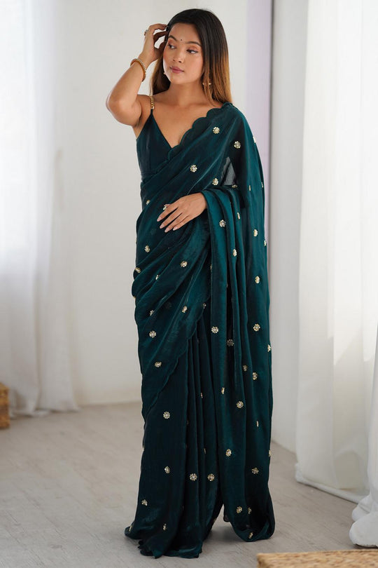 Adi Teal Green Satin Silk Sequin Embellished Ready to Wear Saree
