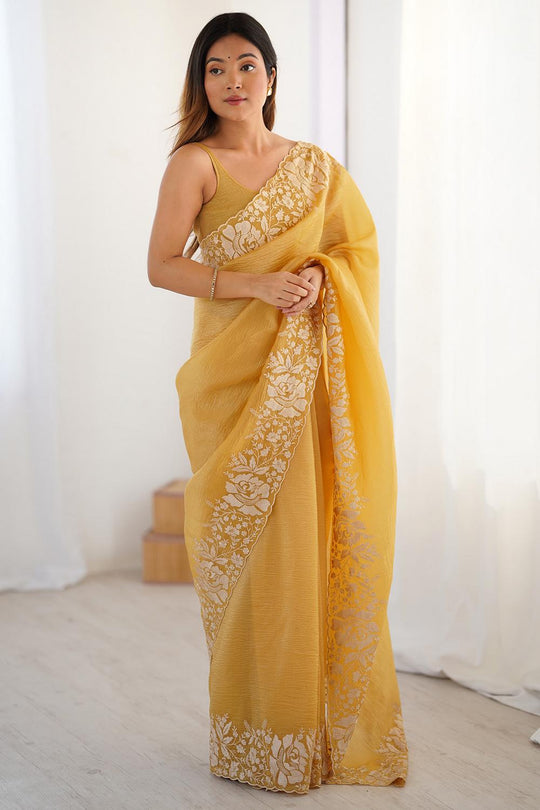 Dory Mustard Tissue Floral Embroidered Ready to Wear Saree
