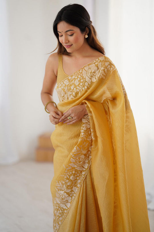 Dory Mustard Tissue Floral Embroidered Ready to Wear Saree