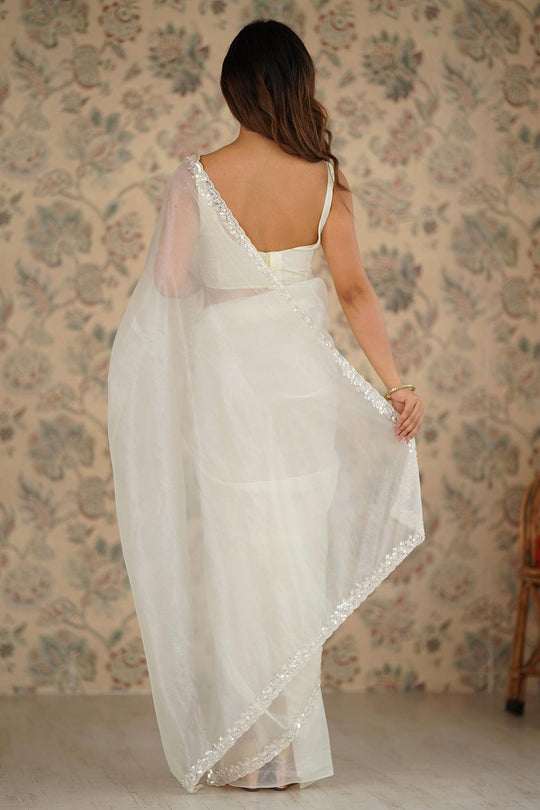 Sienna White Shimmery Net Cutdana Embellished Ready to Wear Saree