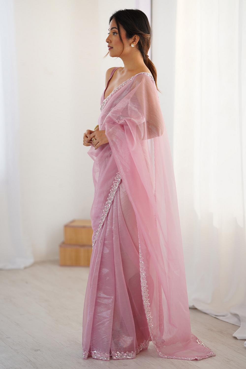 Sienna Pink Shimmery Net Cutdana Embellished Ready to Wear Saree