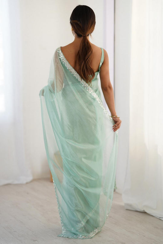Sienna Turquoise Shimmery Net Cutdana Embellished Ready to Wear Saree