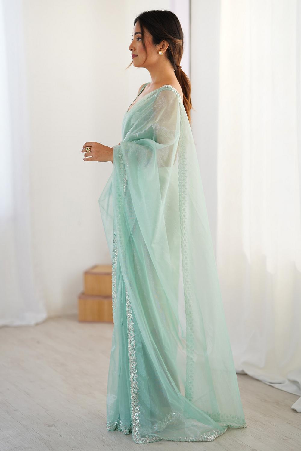 Sienna Turquoise Shimmery Net Cutdana Embellished Ready to Wear Saree