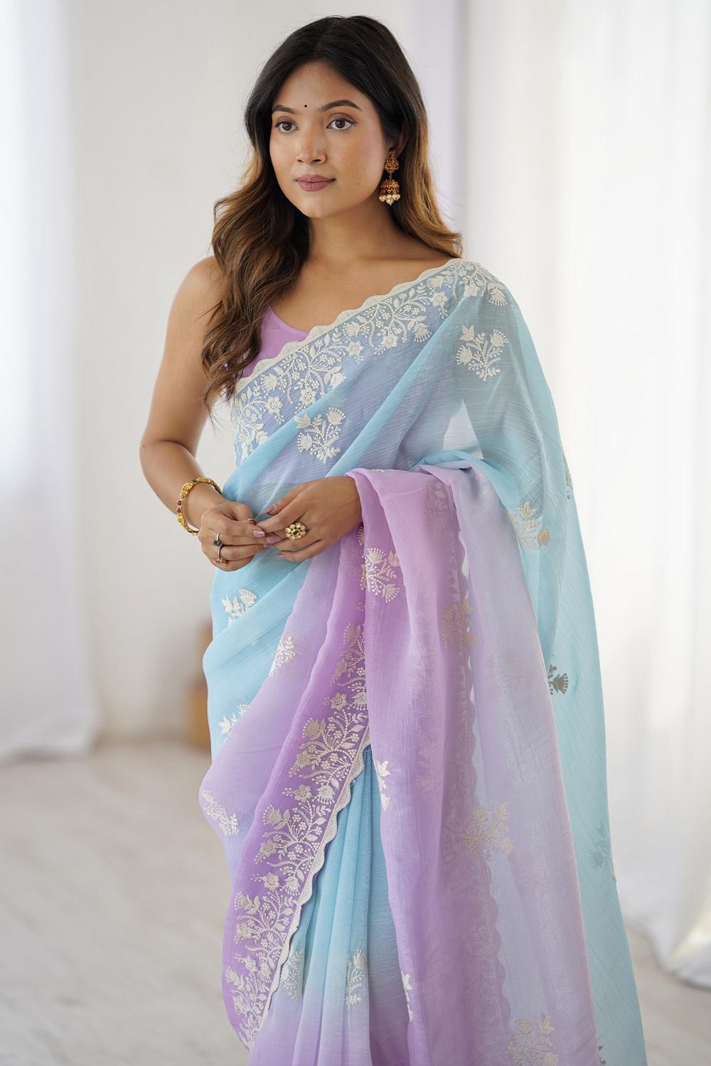 Opal Blue and Lavender Tissue Embroidered Border Ready to Wear Saree