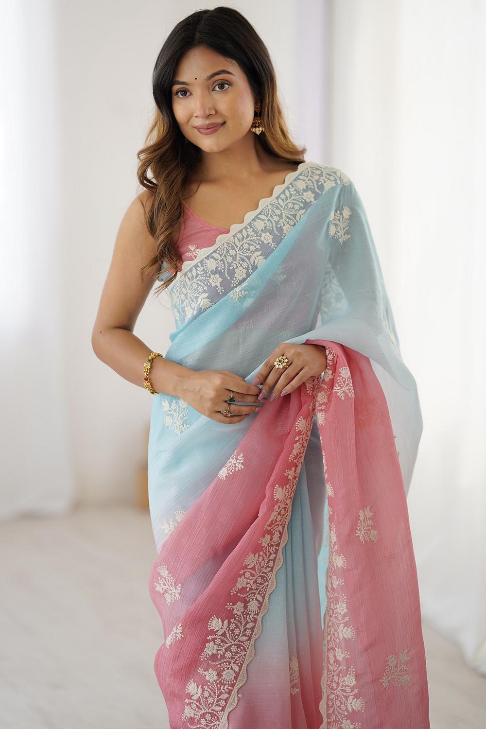 Opal Light Blue  and Mauve Tissue Embroidered Border Ready to Wear Saree