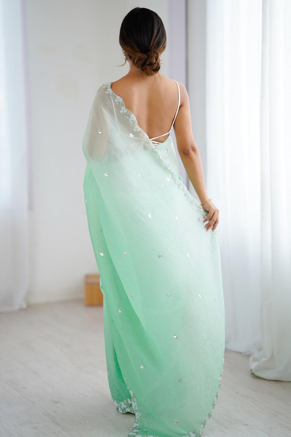 Paula Mint Green Chiffon Embellished Border Ready to Wear Saree