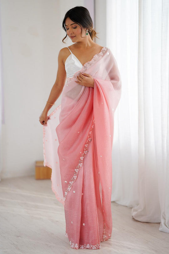 Paula Pink Chiffon Embellished Border Ready to Wear Saree