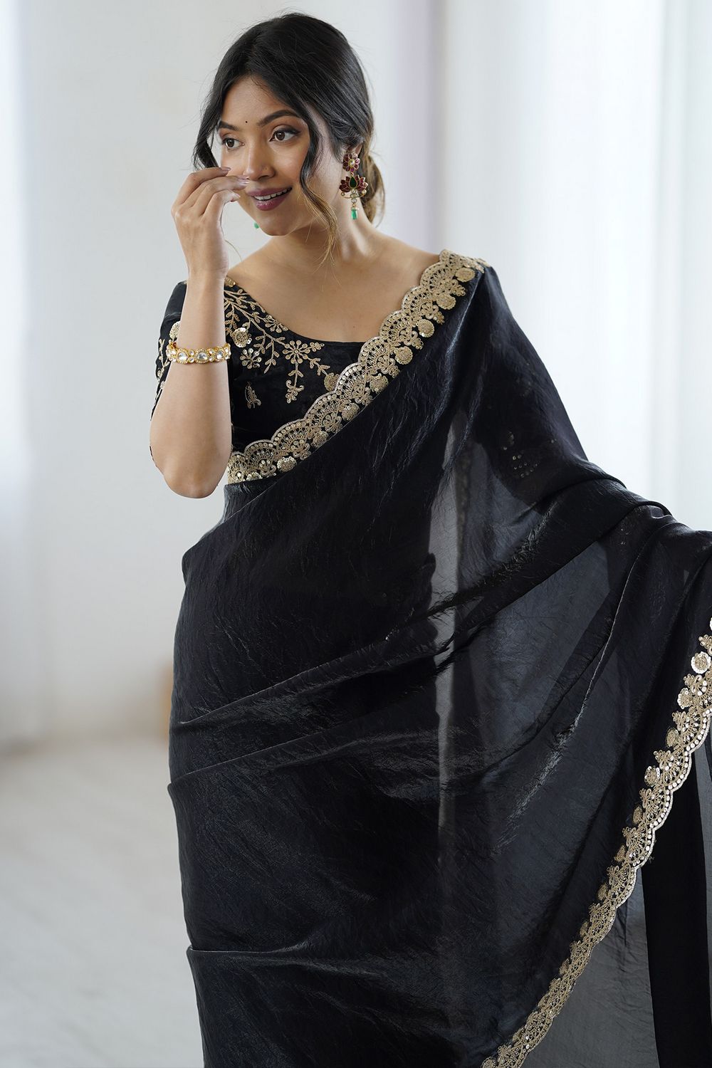 Lori Black Satin Saree with Embroidered Border Ready To Wear One Minute Saree