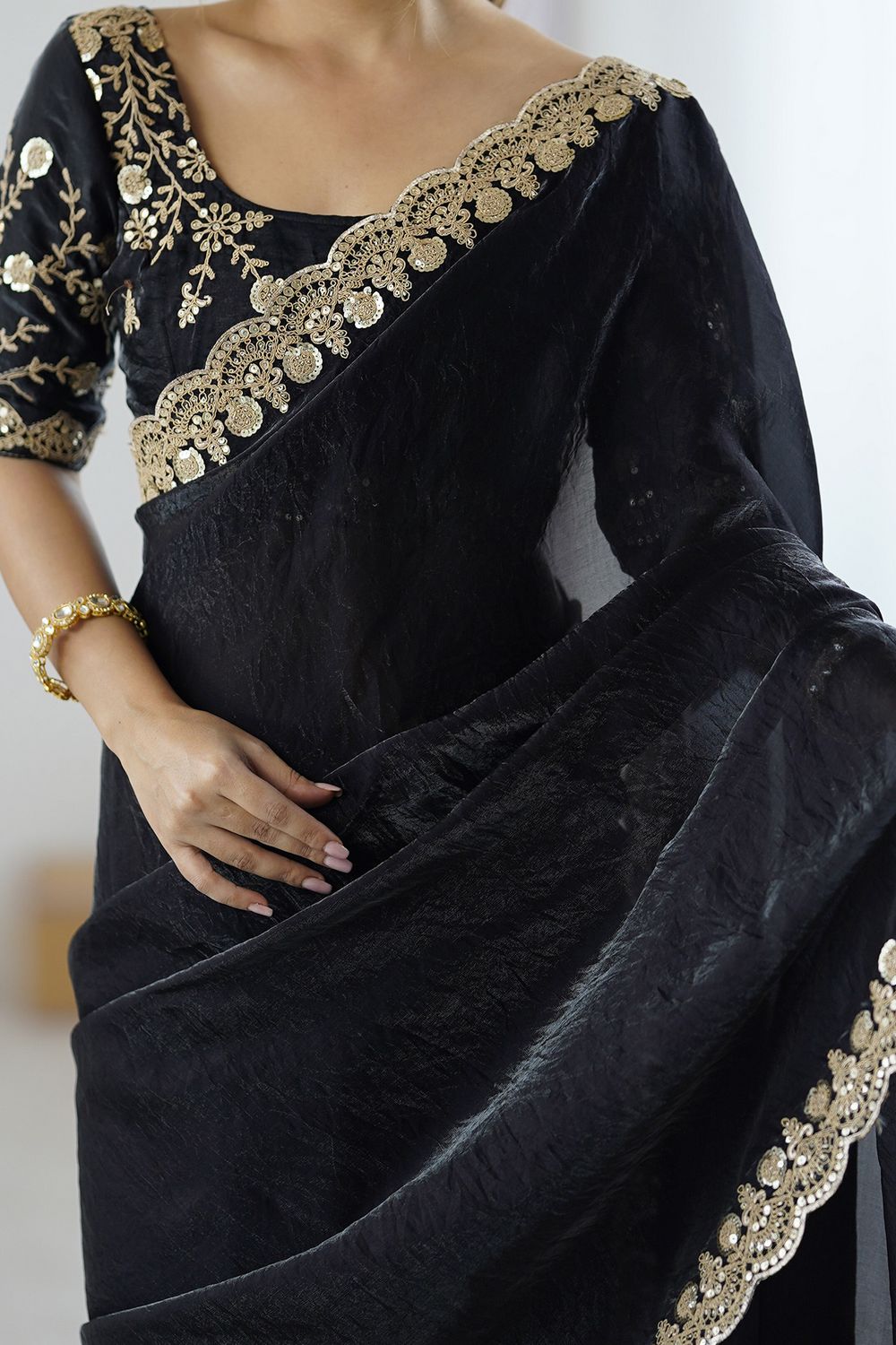 Lori Black Satin Saree with Embroidered Border Ready To Wear One Minute Saree