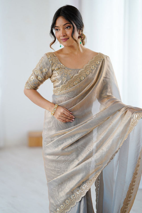 Lori Light Beige Tissue Saree with Embroidered Border Ready To Wear One Minute Saree