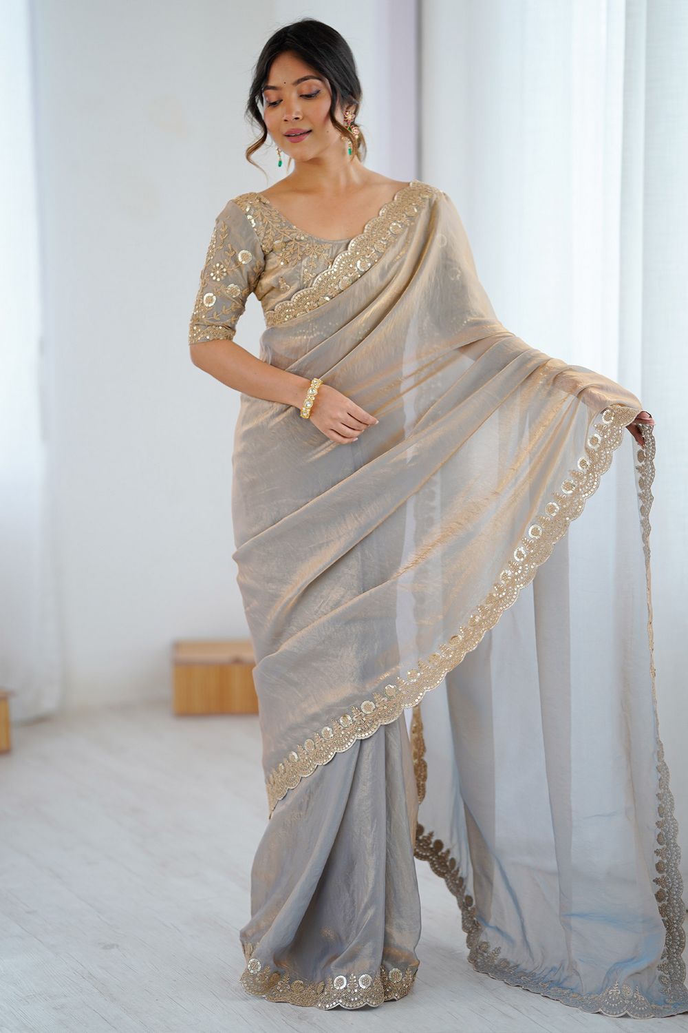 Lori Light Beige Tissue Saree with Embroidered Border Ready To Wear One Minute Saree