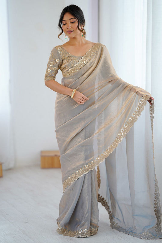 Lori Light Beige Tissue Saree with Embroidered Border Ready To Wear One Minute Saree