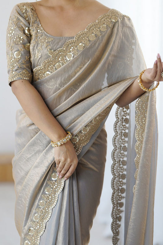 Lori Light Beige Tissue Saree with Embroidered Border Ready To Wear One Minute Saree
