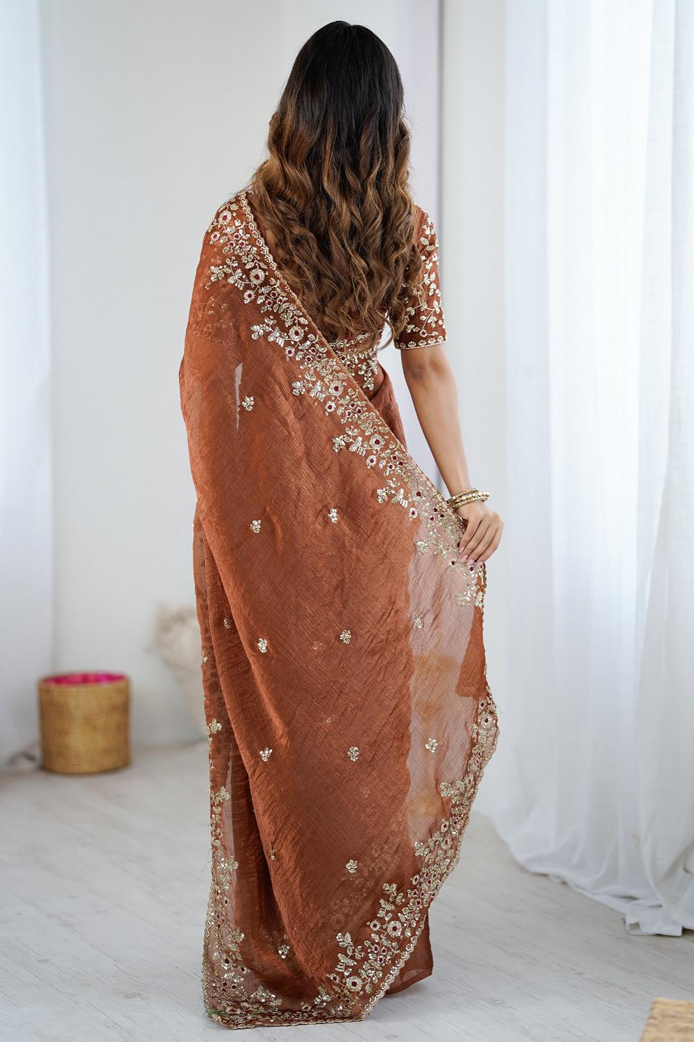 Farah Rust Brown Chiffon Floral Embroidered Border Ready to Wear Saree