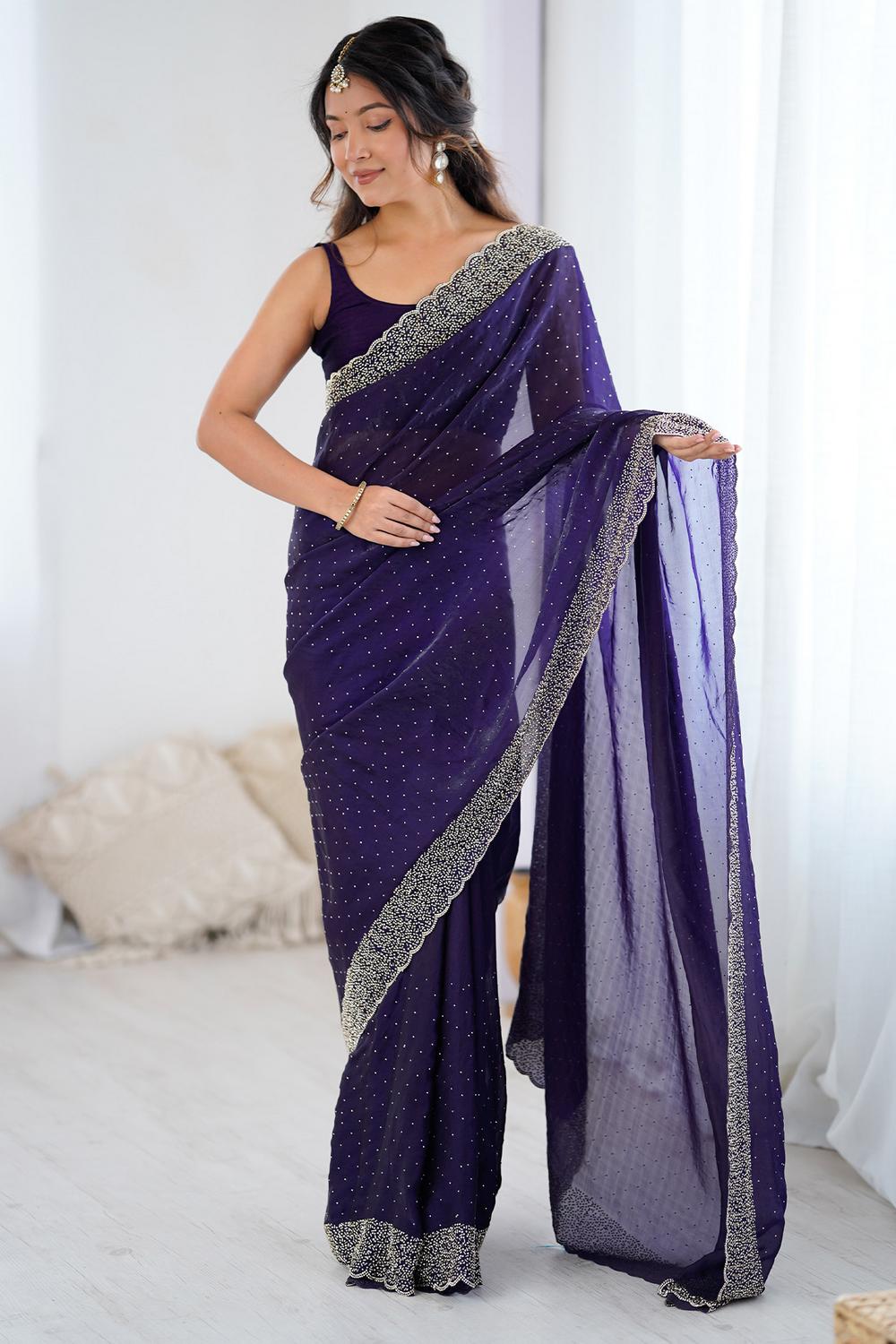 Ilanova Teal Blue Satin Embellished Ready to Wear Saree