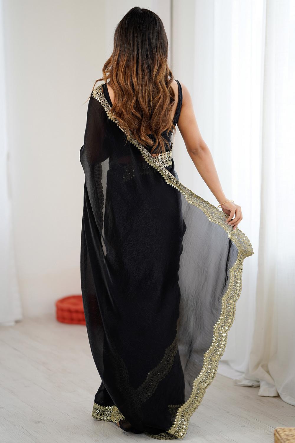 Kensie Black Satin Zari Work Border Party Wear Ready to Wear Saree