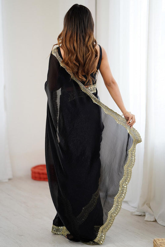 Kensie Black Satin Zari Work Border Party Wear Ready to Wear Saree