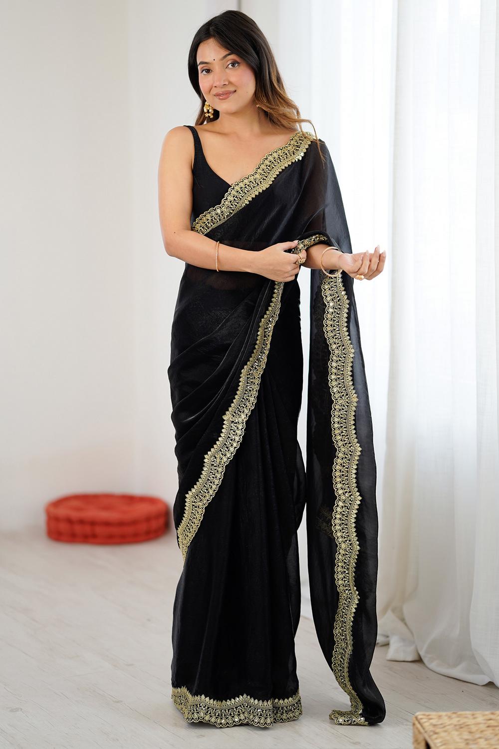 Kensie Black Satin Zari Work Border Party Wear Ready to Wear Saree