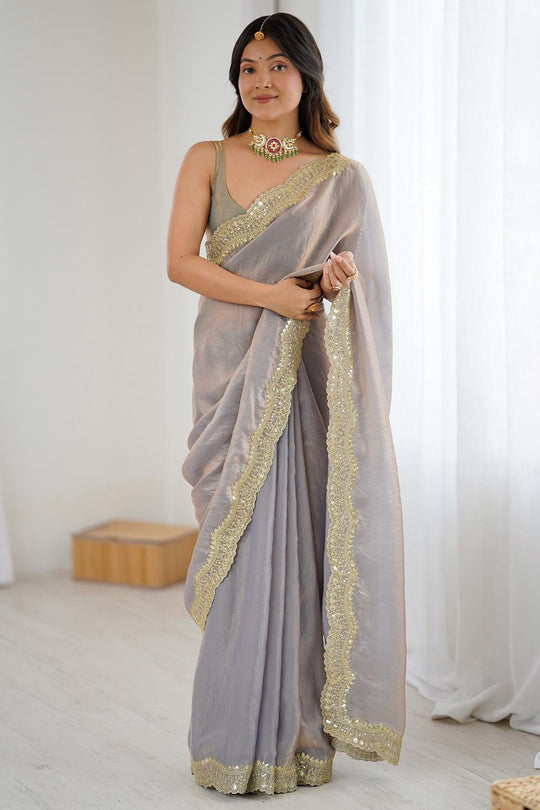 Kensie Grey Satin Zari Work Border Party Wear Ready to Wear Saree