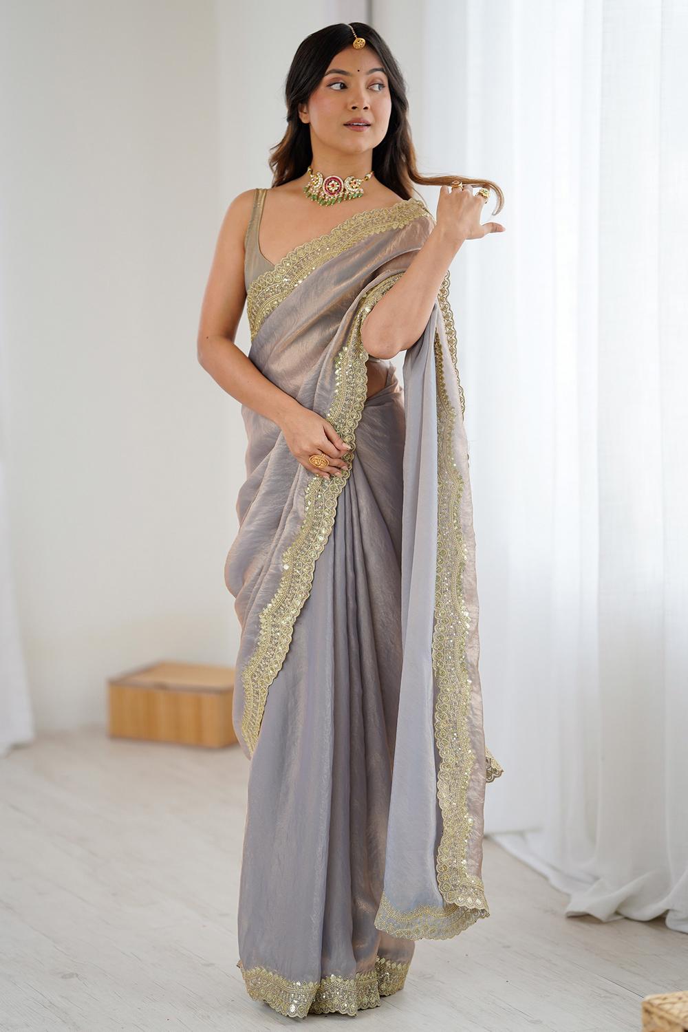 Kensie Grey Satin Zari Work Border Party Wear Ready to Wear Saree