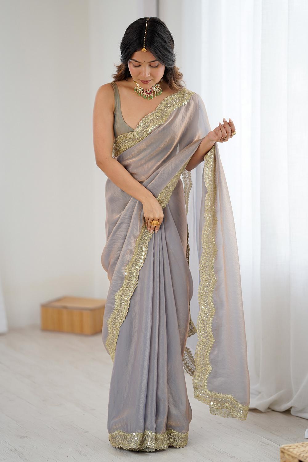 Kensie Grey Satin Zari Work Border Party Wear Ready to Wear Saree