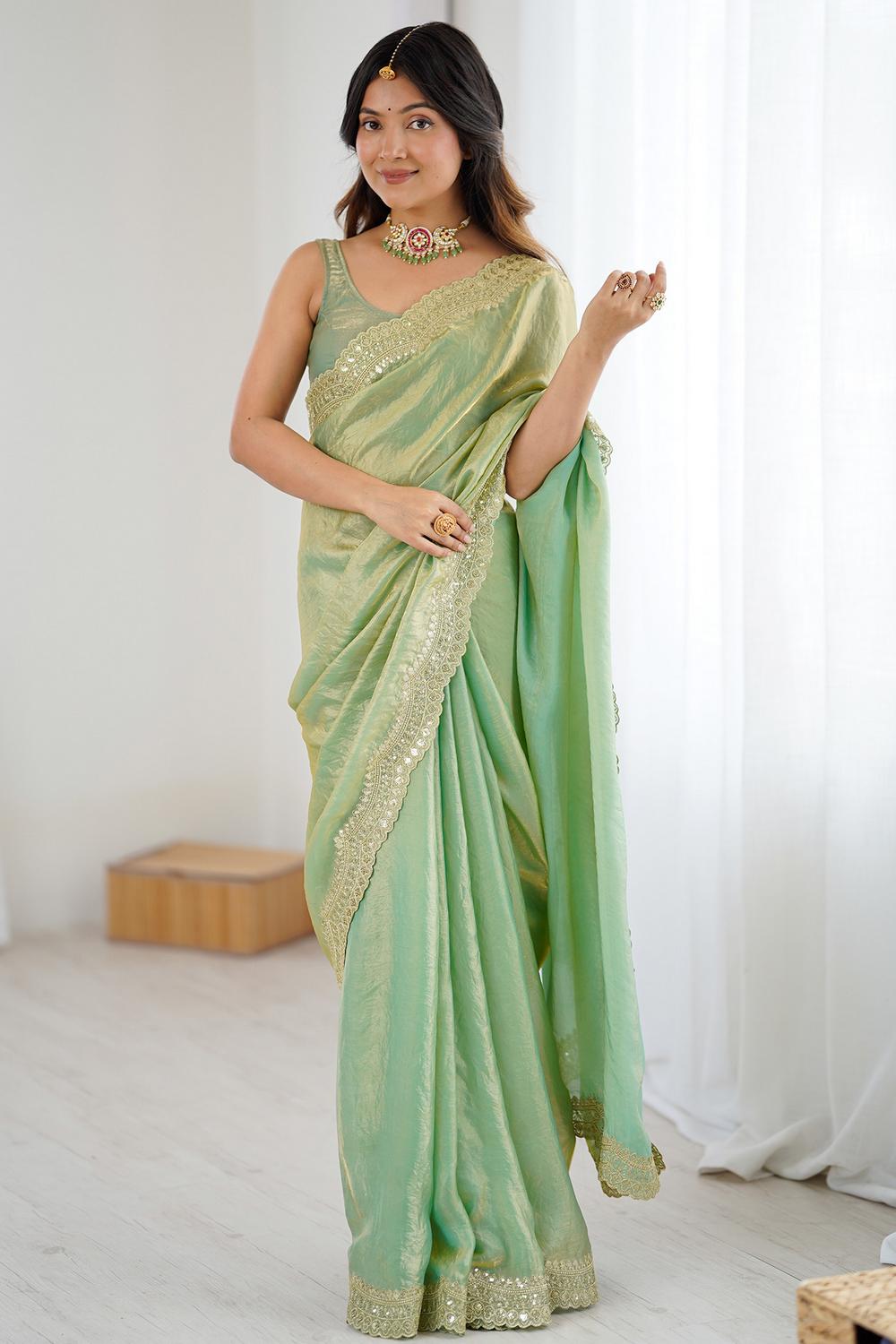 Kensie Green Satin Zari Work Border Party Wear Ready to Wear Saree