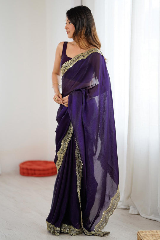 Kensie Purple Satin Zari Work Border Party Wear Ready to Wear Saree