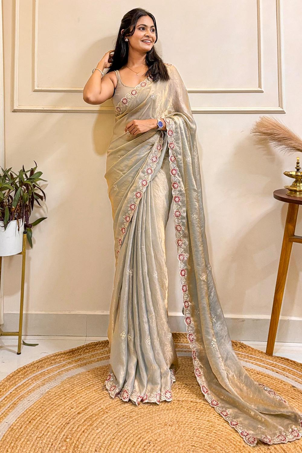 Yasmine Beige Satin Floral Embroidered Scalloped Border Ready to Wear Saree
