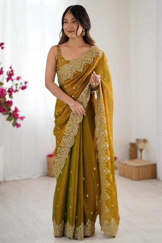 Candie Mustard Chiffon Gold Cutwork Border Embroidered Ready to Wear Saree