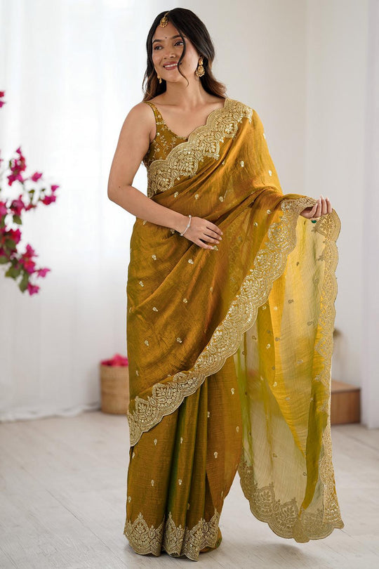 Candie Mustard Chiffon Gold Cutwork Border Embroidered Ready to Wear Saree
