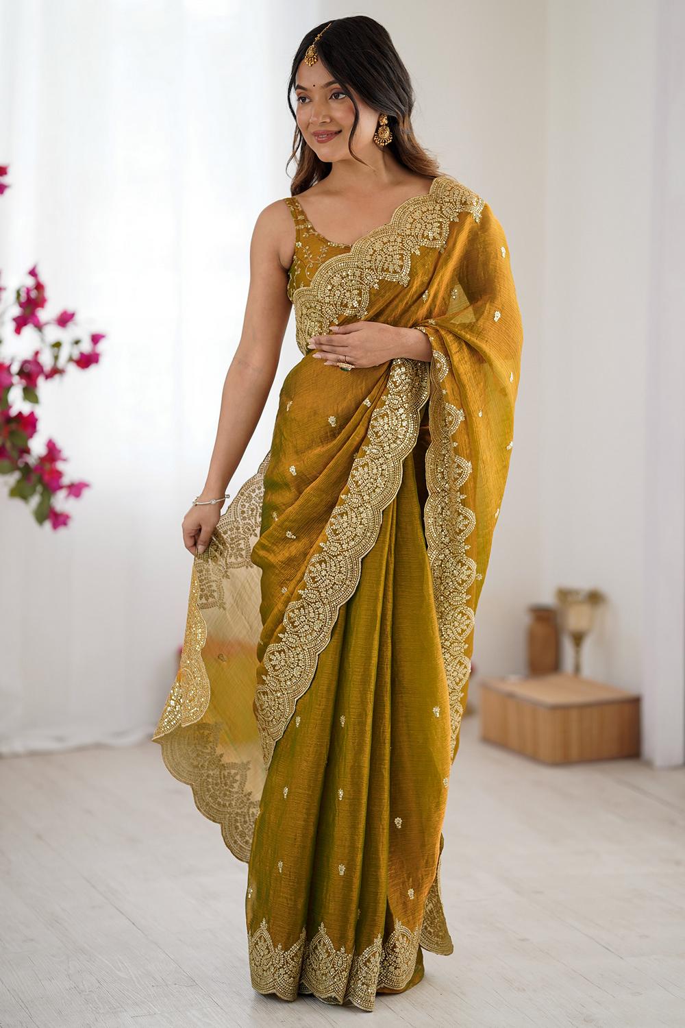 Candie Mustard Chiffon Gold Cutwork Border Embroidered Ready to Wear Saree