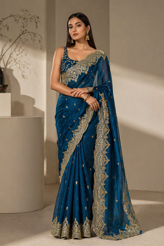 Candie Blue Chiffon Gold Cutwork Border Embroidered Ready to Wear Saree