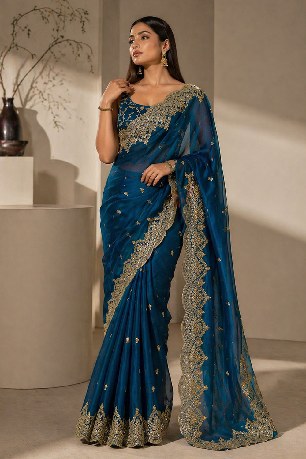 Candie Blue Chiffon Gold Cutwork Border Embroidered Ready to Wear Saree