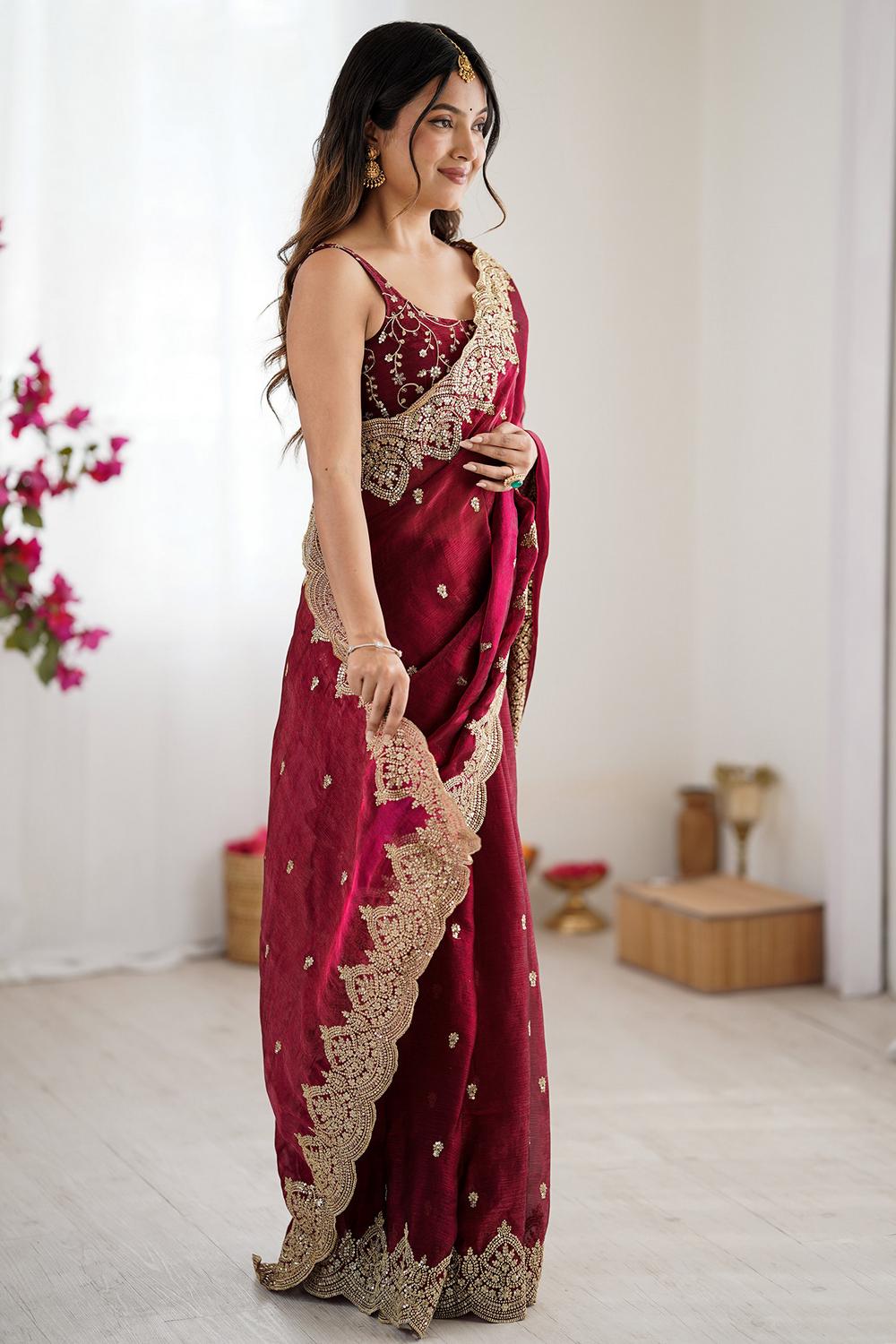 Candie Burgundy Chiffon Gold Cutwork Border Embroidered Ready to Wear Saree