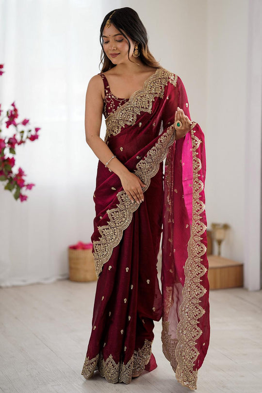 Candie Burgundy Chiffon Gold Cutwork Border Embroidered Ready to Wear Saree