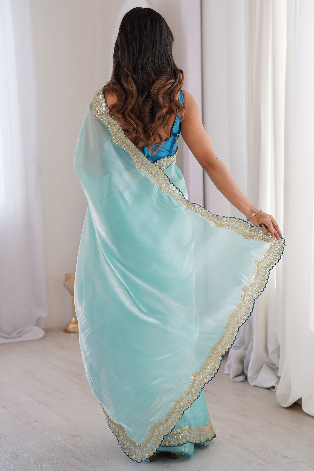 Eloise Light Blue Satin Sequins Embellished Ready To Wear Saree