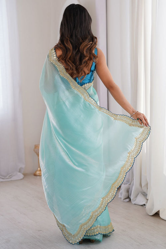 Eloise Light Blue Satin Sequins Embellished Ready To Wear Saree