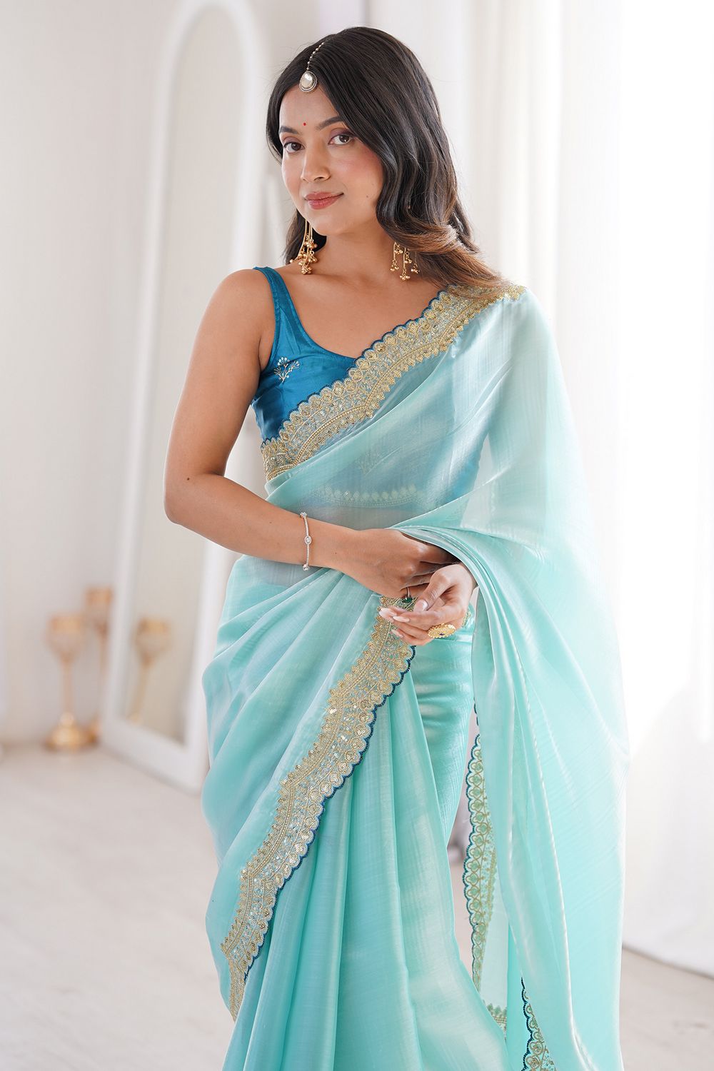 Eloise Light Blue Satin Sequins Embellished Ready To Wear Saree
